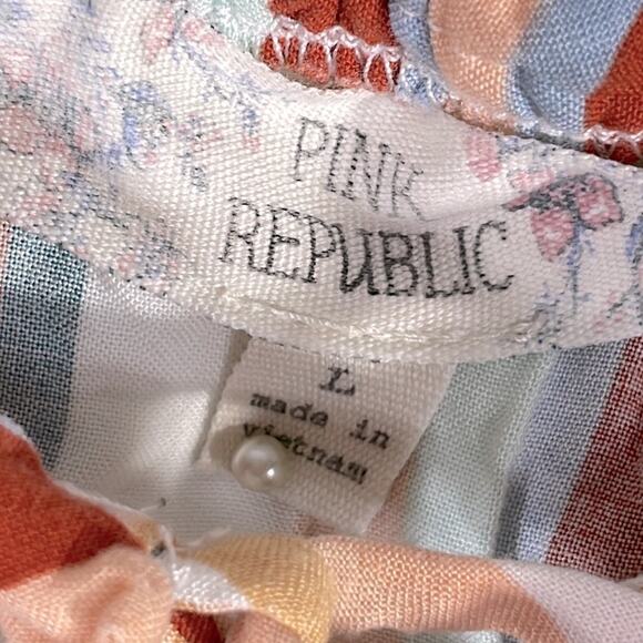 Pink Republic Juniors'  Ruched Neck Rust Ivory Blue Multi Color Strips Top Large - Picture 12 of 14